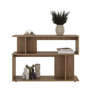 English Elm Asymmetrical Oak Sofa SideTable with Open Shelves & Top Shelf, Modern Engineered Wood Accent Table B200P363787