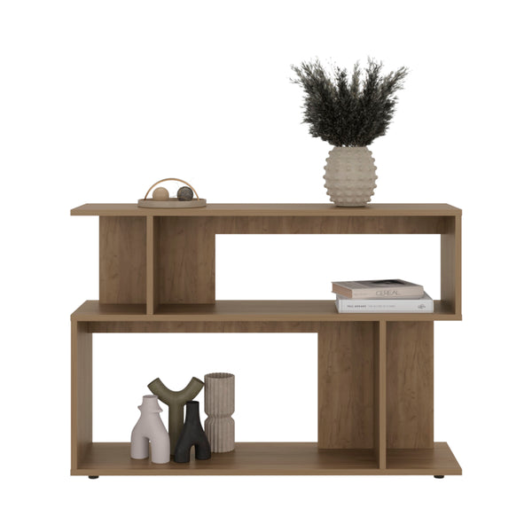 English Elm Asymmetrical Oak Sofa SideTable with Open Shelves & Top Shelf, Modern Engineered Wood Accent Table B200P363787