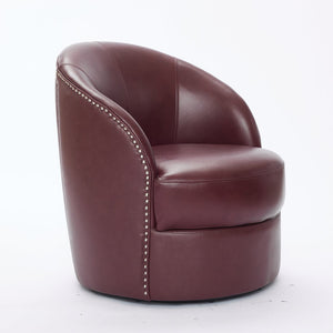 English Elm Dark red Top-Grain Leather Swivel Accent Chair with 360° Smooth Spin, Riveted Rock’n’Roll Style, Sturdy Base W570P386958