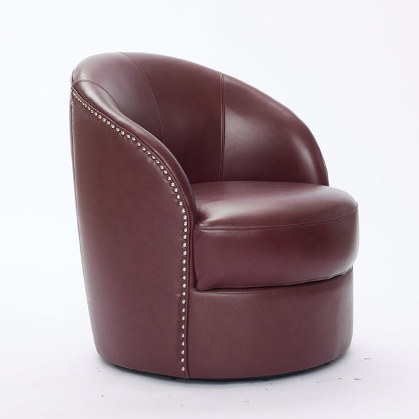 English Elm Dark red Top-Grain Leather Swivel Accent Chair with 360° Smooth Spin, Riveted Rock’n’Roll Style, Sturdy Base W570P386958