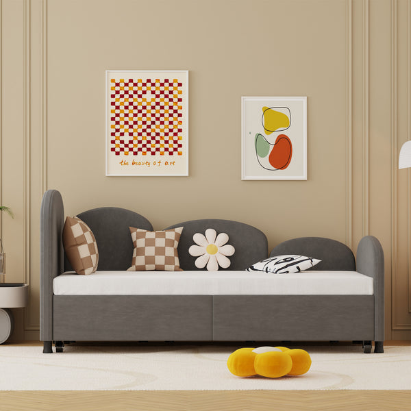 English Elm Twin Flower Shape Velvet Daybed with Storage Drawer, Modern Kids Sofa Bed Frame for Bedroom Dark Gray W395S00114