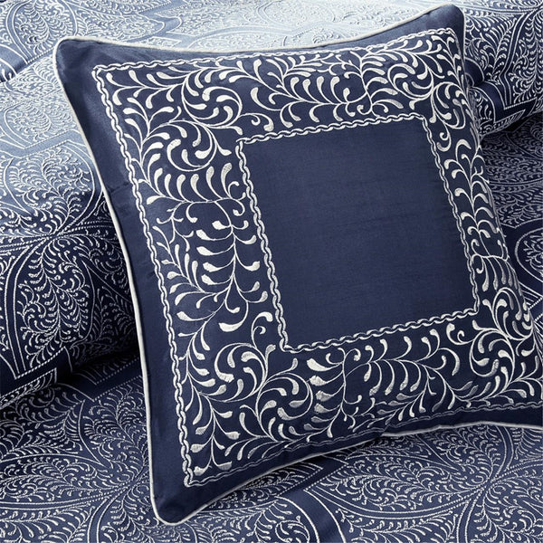 English Elm 8 Piece Jacquard Comforter Set - Elegant Navy Cal King With Metallic Shimmer And Decorative Pillows B03596805