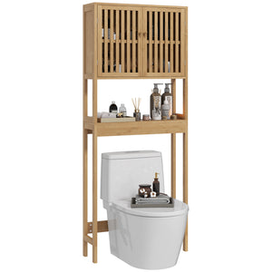 English Elm HOMCOM Bamboo Floor Cabinet Bathroom Organizer Tower with Shelved Storage, Slatted Doors & Elevated Base Natural Wood W2225P217003
