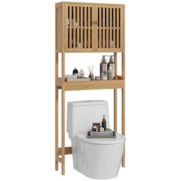 English Elm HOMCOM Bamboo Floor Cabinet Bathroom Organizer Tower with Shelved Storage, Slatted Doors & Elevated Base Natural Wood W2225P217003