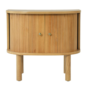 English Elm Semi-cylindrical Solid Wood Nightstand with Slatted Doors and Brass Knobs for Bedroom N758P389137N
