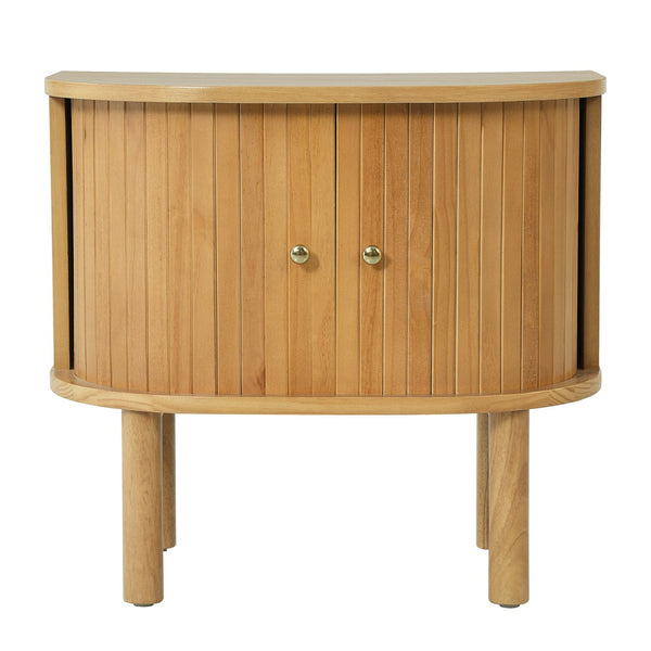 English Elm Semi-cylindrical Solid Wood Nightstand with Slatted Doors and Brass Knobs for Bedroom N758P389137N