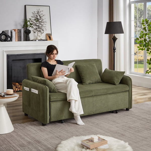 English Elm FX'' 66 Inch Sleeper Sofa Bed 3-in-1 Convertible Pullout Sofa with Plush Corduroy, 4 Pillows, Pockets Green W1926S00057