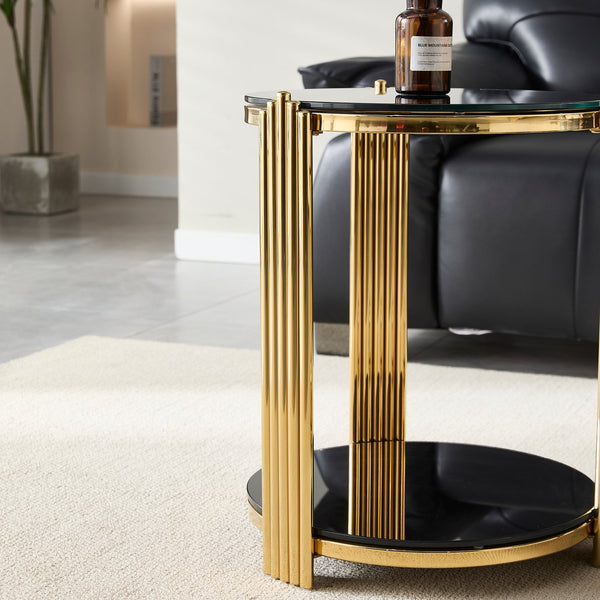 English Elm 16.9inch Round End Table Dual Tier Black Tempered Glass Gold Steel Frame Modern Accent W3357P395504