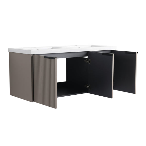 English Elm 48" Modern Wall-Mounted Bathroom Vanity With Double Sink, Soft-Close Doors & Stylish Wavy Panels W999S00353