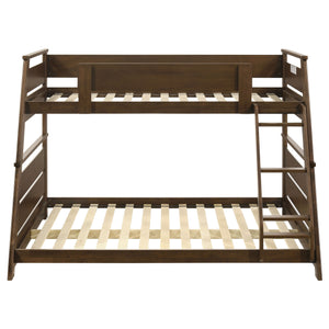 English Elm Reeder Walnut Finish Twin Over Full Bunk Bed Solid Wood Frame for Kids Shared Rooms B062S01557