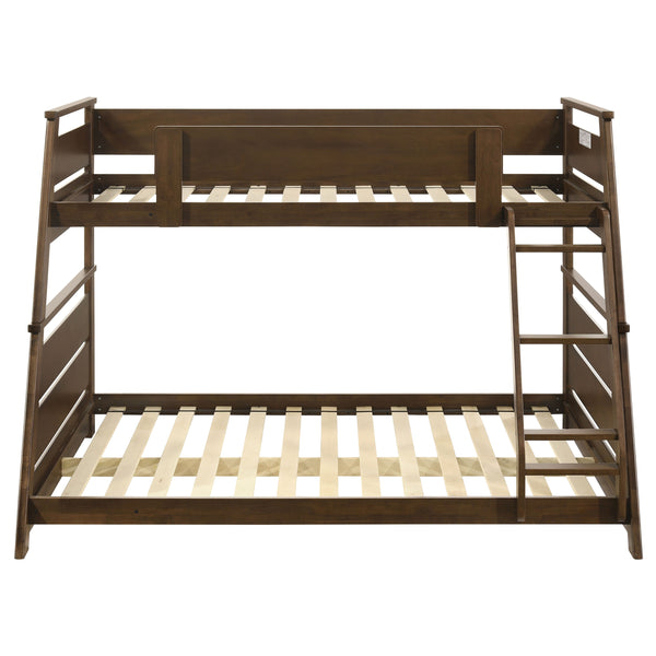 English Elm Reeder Walnut Finish Twin Over Full Bunk Bed Solid Wood Frame for Kids Shared Rooms B062S01557