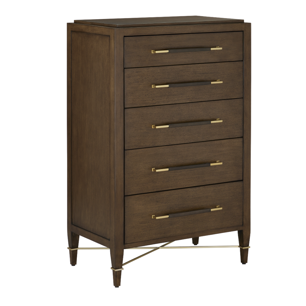 Verona Chanterelle Five-Drawer Chest – Elegant Brown Lacquered Linen with Champagne Metal Details