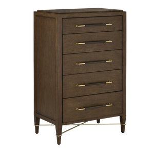 Verona Chanterelle Five-Drawer Chest – Elegant Brown Lacquered Linen with Champagne Metal Details