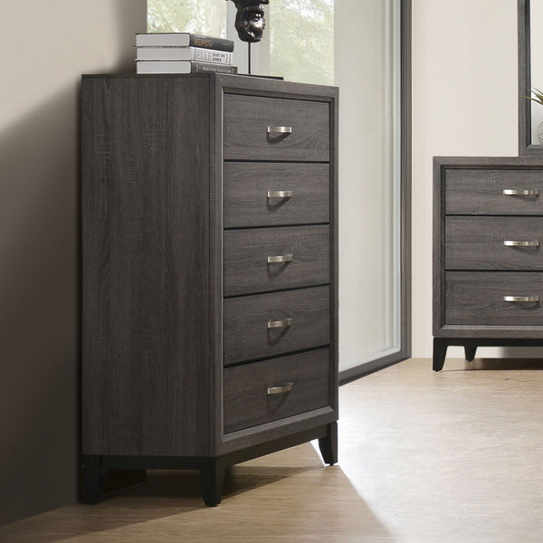 English Elm Contemporary Chic Chest with Gold Accents, Acrylic Trim, Metal Bracket Legs and Dust‑Proof Drawers Gray 34 L x 19 W x 50 H B2741P371022