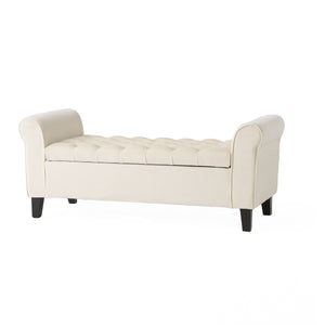 English Elm Lvory Linen Tufted Storage Bench with Rolled Arms and Hidden Lift Top Compartment N770P372389A