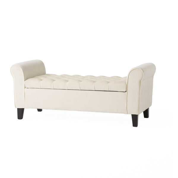 English Elm Lvory Linen Tufted Storage Bench with Rolled Arms and Hidden Lift Top Compartment N770P372389A