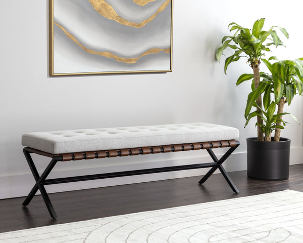 Sunpan KENJI Bench - Elegant Black Stainless Steel Frame with Mina Light Grey Button-Tufted Seating Comfort 109479