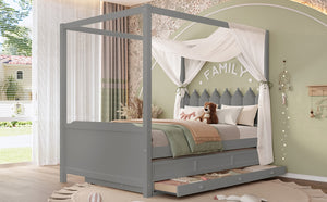 English Elm Full Bunk Bed with Trundle Bookshelf Storage Pine Frame Car Design for Kids W1580S00318
