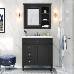 English Elm 30'' Modern Bathroom Vanity with Integrated Mirror Cabinet, Ceramic Sink, 3 Drawers & Ample Storage Black SW000126AAB-1