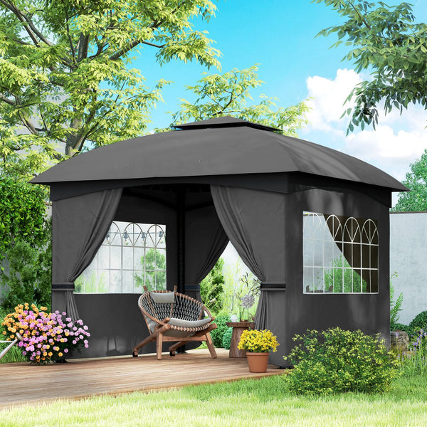 English Elm Outsunny 11x11 Steel Gazebo with Church Windows Two Tier Roof and Privacy Curtains W2225P485555