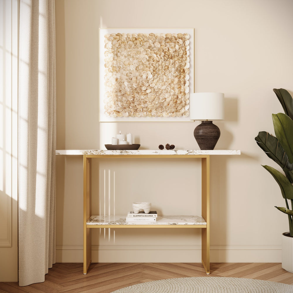 English Elm 47''double Semi-circle Console Table with Led Lighting and Sculptural Hammered Wood Base W2263P395489