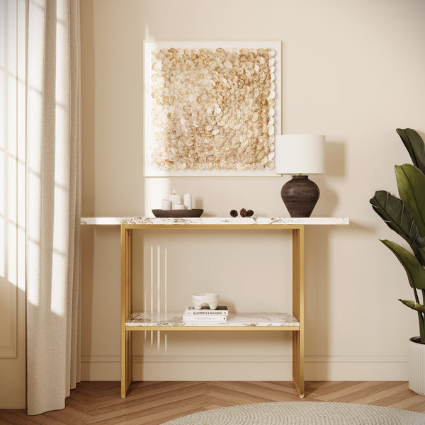 English Elm 47''double Semi-circle Console Table with Led Lighting and Sculptural Hammered Wood Base W2263P395489