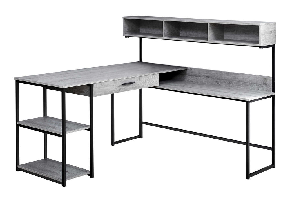 English Elm Computer L-Shaped Desk with Hutch & Drawer, Grey Laminate Corner Workstation, Sturdy Black Metal Base B2710P219628