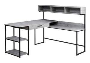 English Elm Computer L-Shaped Desk with Hutch & Drawer, Grey Laminate Corner Workstation, Sturdy Black Metal Base B2710P219628