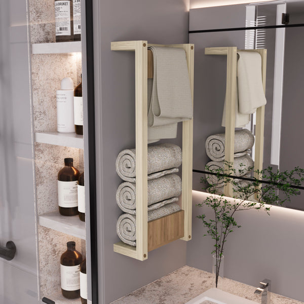 English Elm Wall Wall Tower Rack 31.5" H Natural Oak & White Compact Bathroom Storage Slim Eco-Friendly Shelf Organizer B097P395863