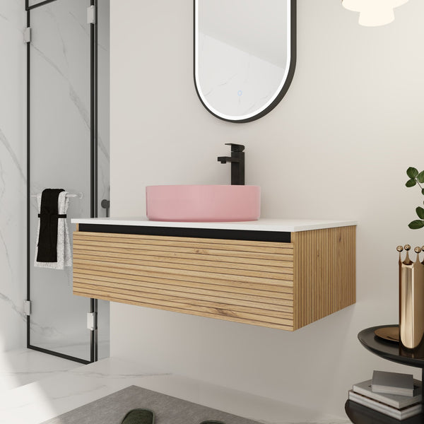 English Elm 36'' Floating Wall Mounted Vanity with Art Ceramic Vessel Sink and Soft Close Drawer W999S00364