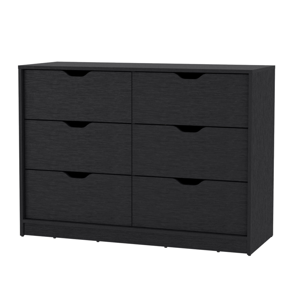 English Elm Basilea 4-Drawer Double Dresser with 2 Pull-Down Cabinets Black — Spacious Storage, Shoe Organizer and Display Surface B200P239598