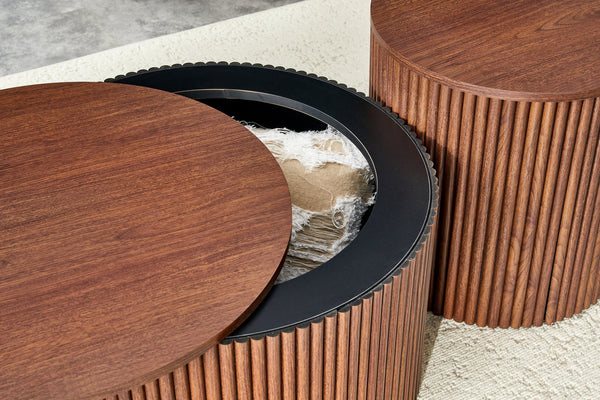 English Elm 2-piece Round Nesting Tables with Fluted Column Base Hidden Storage Oak Grain Finish Walnut W3875P396845