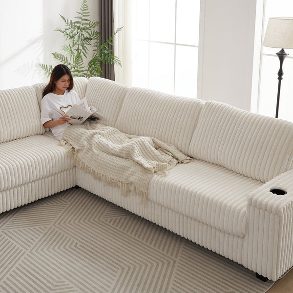 English Elm 110-Inch Oversized Corduroy Corner Sofa with Storage, USB & Cup Holders, Deep Plush Seating Comfort Beige W834S00284