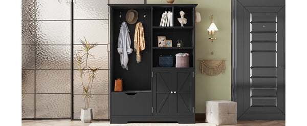 English Elm Multi-functional Entryway Hall Tree with Hooks Bench Drawer Cabinet in Matte Black W1307S00034