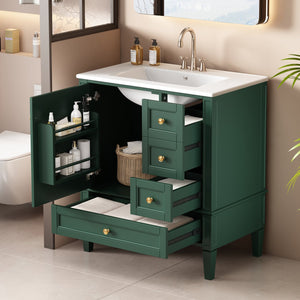 English Elm 30 30 Inch Bathroom Vanity with Ceramic Sink, Modern Compact 3-Drawer Storage Cabinet for Small Baths Green N710P247499F