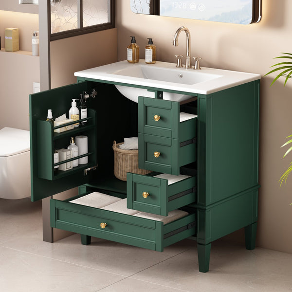 English Elm 30 30 Inch Bathroom Vanity with Ceramic Sink, Modern Compact 3-Drawer Storage Cabinet for Small Baths Green N710P247499F