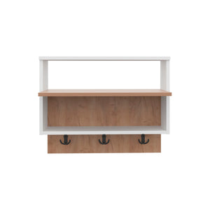 English Elm White Wall-Mounted Organizer in Natural Oak Finish with 3 Hooks and Open Shelf for Entryway Storage B062P380040