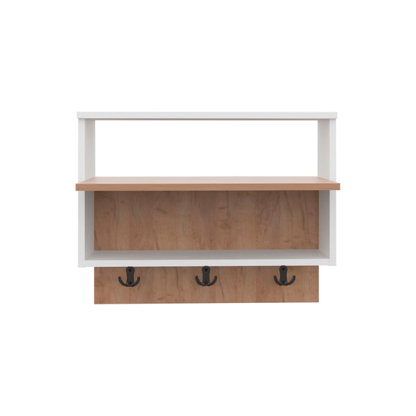 English Elm White Wall-Mounted Organizer in Natural Oak Finish with 3 Hooks and Open Shelf for Entryway Storage B062P380040
