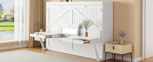 English Elm Queen Murphy Bed Cabinet with Vanity Desk Hydraulic Lift Mirror Distressed Finish White LP000766AAK-1