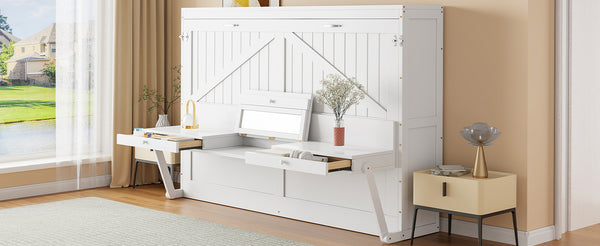 English Elm Queen Murphy Bed Cabinet with Vanity Desk Hydraulic Lift Mirror Distressed Finish White LP000766AAK-1