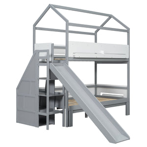 English Elm House-shaped Pine Bunk Bed with Built-in Slide Storage Staircase Twin Over Full Kids Frame Grey+White N820S00082E
