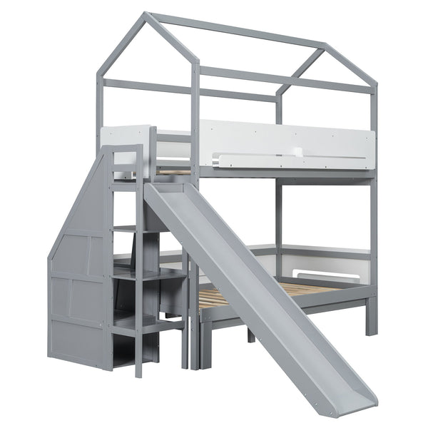 English Elm House-shaped Pine Bunk Bed with Built-in Slide Storage Staircase Twin Over Full Kids Frame Grey+White N820S00082E