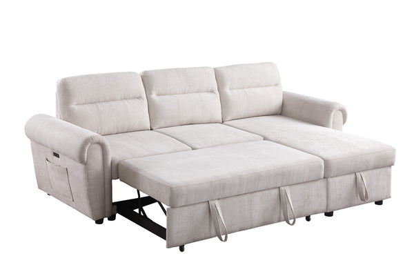 English Elm Ugo Chenille Sleeper Sectional Sofa with Storage Chaise and Built-in Usb Charging Ports Beige B2749S00071