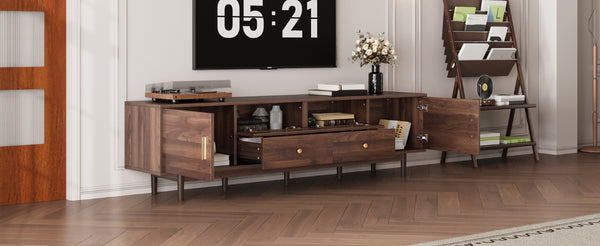 English Elm 76" Modern Chic TV Stand for Up to 85" TVs — Rattan Accents, Solid Wood Legs, Soft-Close Doors & Drawers N710P339467P