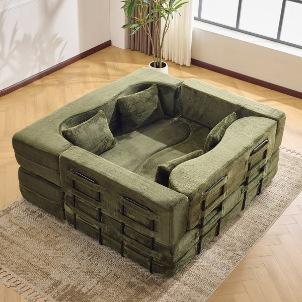 English Elm 71-inch folding sofa bed with plush fur cover, high-density foam futon sleeper, modern modular comfort Green W1829S00066