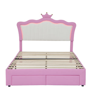 English Elm Full Size Upholstered Bed Frame With Led Lights – Chic Pink Princess Design, Crown Headboard & Storage Drawers W2770P190367