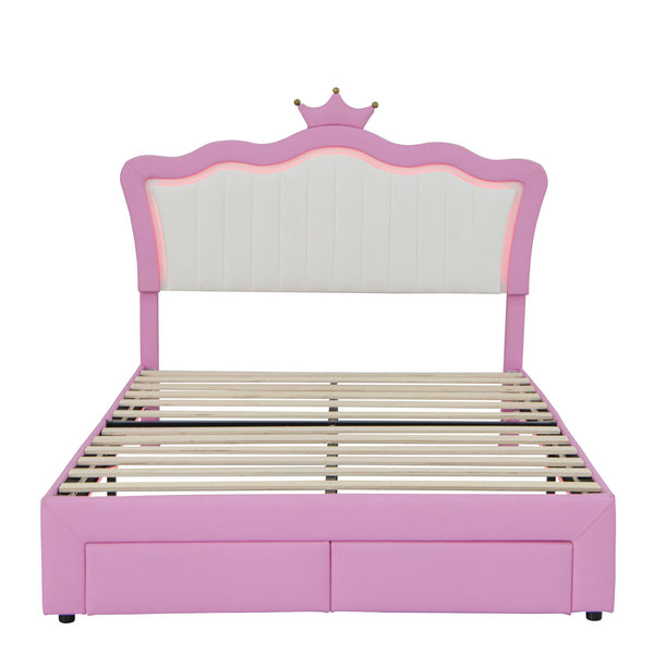 English Elm Full Size Upholstered Bed Frame With Led Lights – Chic Pink Princess Design, Crown Headboard & Storage Drawers W2770P190367