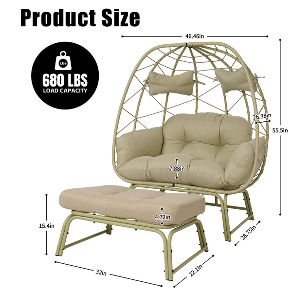 English Elm Double Wicker Egg Chair with Ottoman Bohemian Rattan Outdoor Lounge for Patio T5880P501480