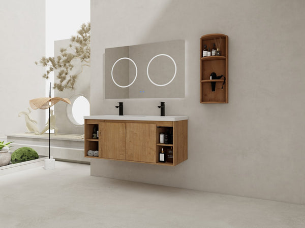 English Elm 48" Wall-Mounted Bathroom Vanity With Double Sink, Storage Rack & Soft Close Doors For Modern Spaces W999S00347