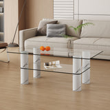 English Elm Modern Minimalist Double Layered Transparent Tempered Glass Coffee Table and Coffee Table, Paired With White Mdf Decorative Columns. Computer Desk. Game Table. Ct-X02